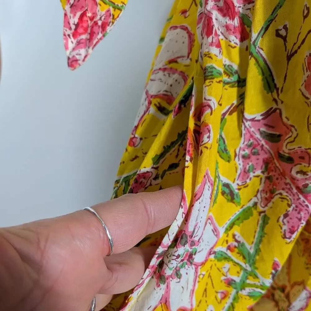 Floral Midi Shirt Dress S Yellow Pink Cotton India Sleeves Summer Church Empire